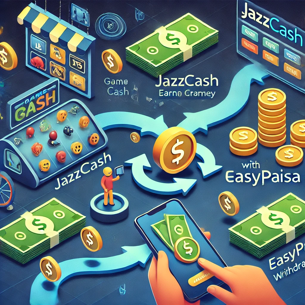 A detailed visual showing the flow of money from gaming, illustrating how players can earn cash through mobile games with JazzCash and Easypaisa.