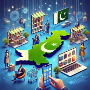  A vibrant digital marketplace scene representing various e-commerce platforms in Pakistan. The image features multiple online storefronts on smartphon.