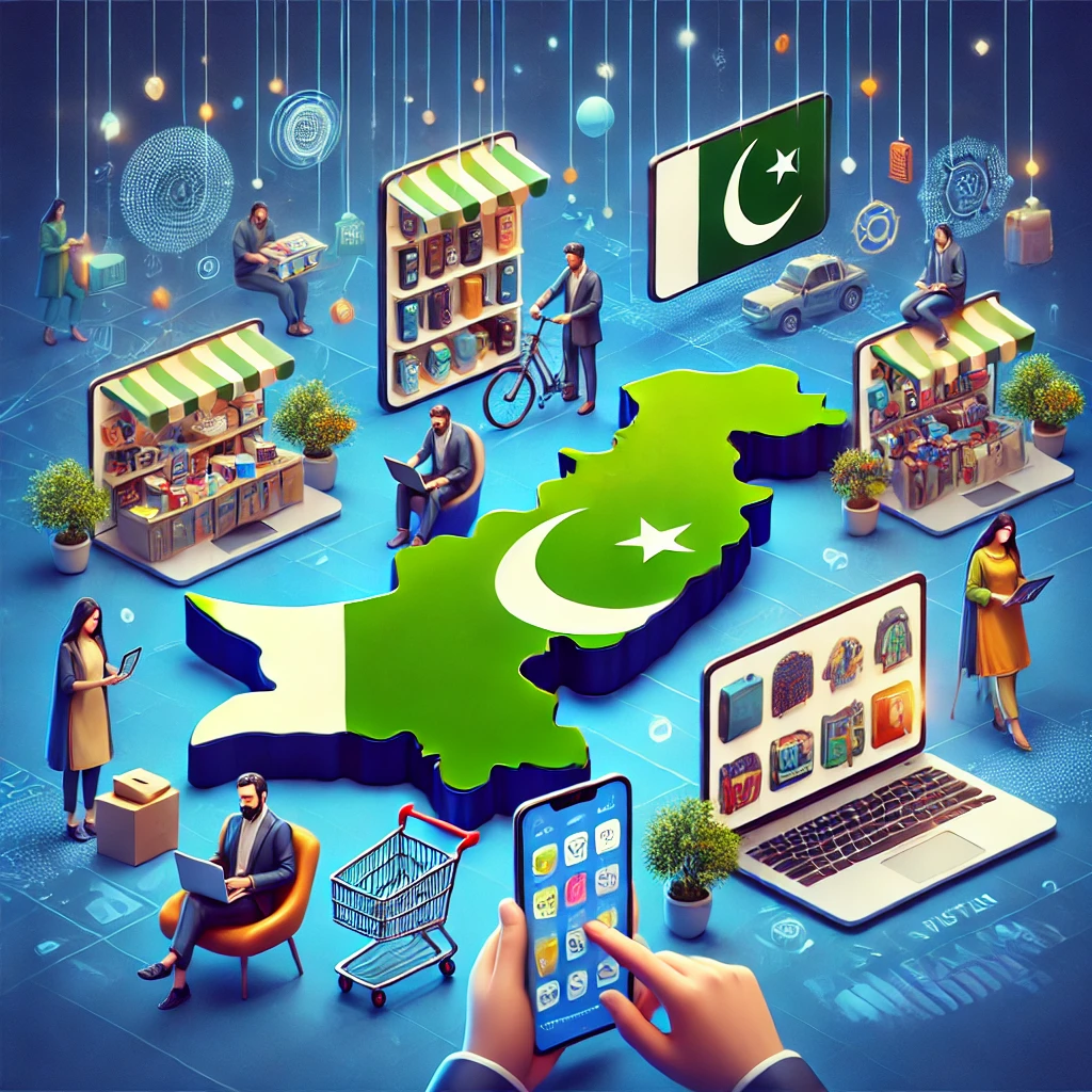 A vibrant digital marketplace scene representing various e-commerce platforms in Pakistan. The image features multiple online storefronts on smartphon