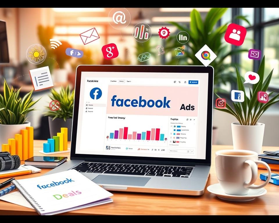 A vibrant and engaging digital workspace scene showcasing a laptop displaying the Facebook Ads interface, surrounded by various tools symbolizing creativity and strategy.