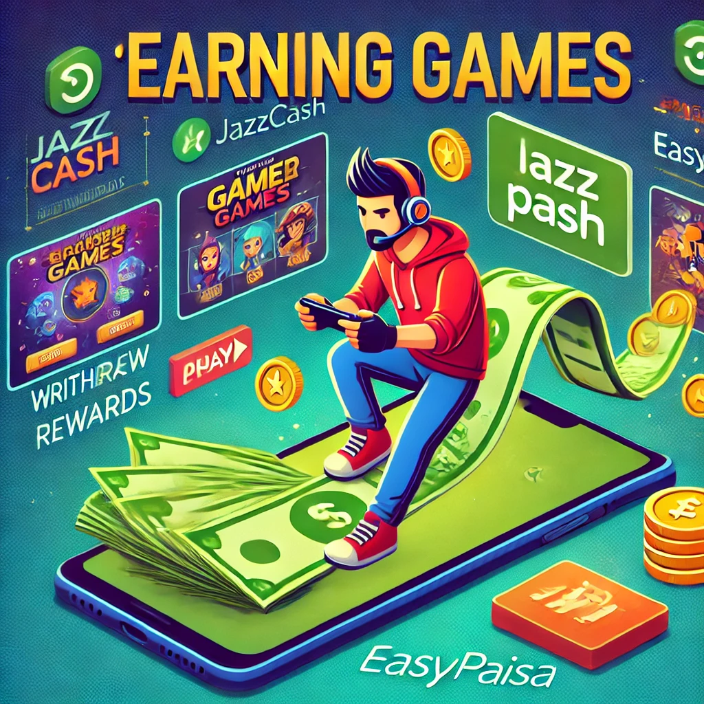 visual representation of 'Earning Games' showing a gamer on a mobile phone with game elements like coins, digital rewards