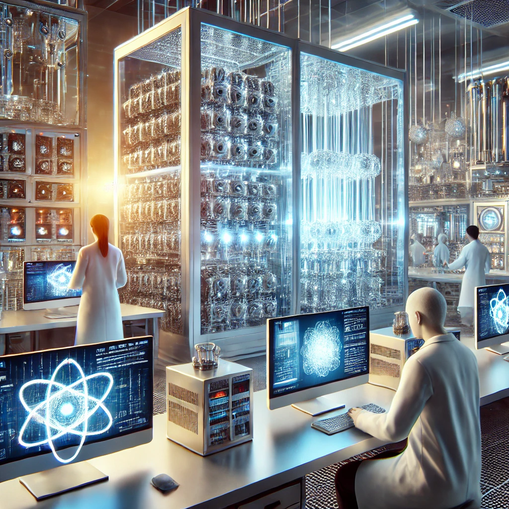 A realistic image depicting quantum computing_ a futuristic laboratory setup with glowing quantum circuits, superconducting qubits housed in cryogenic.