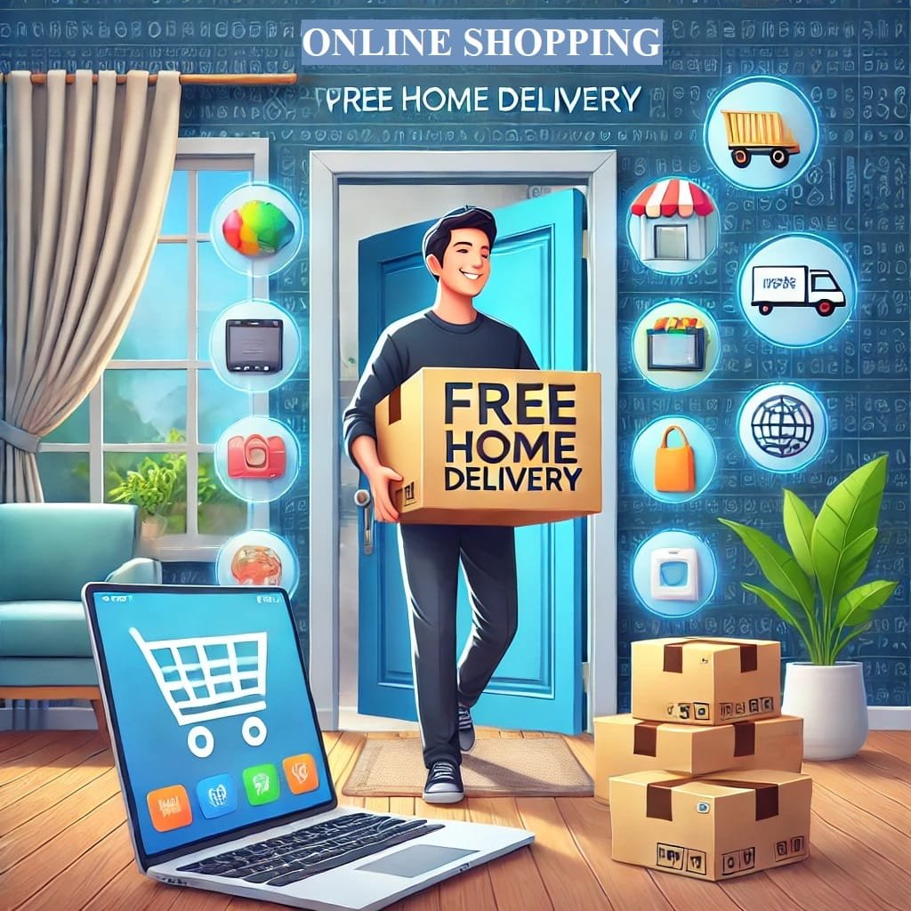 A professional and visually appealing image representing online shopping in Pakistan with free home delivery. The image features a person happily rece.